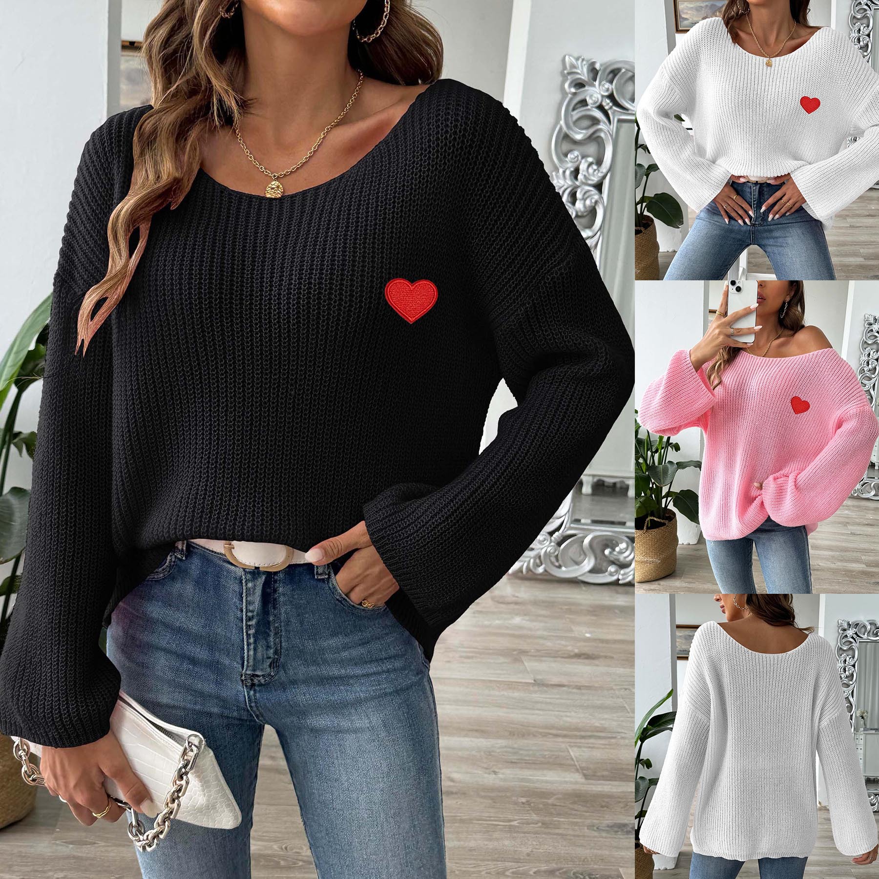 Women's Off-Shoulder Bell Sleeve Heart Embroidered Pullover Sweater