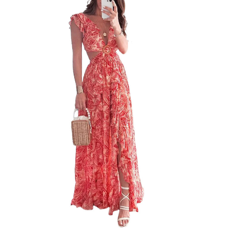 Women's Cutout Waist A-Line Dress Sleeveless V-Neck High Waist Floral Print