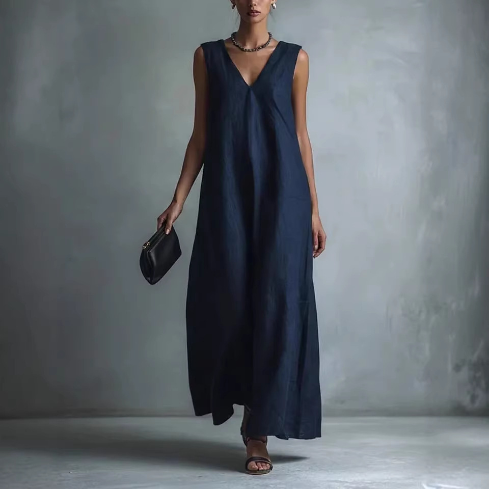 Women's V-Neck Sleeveless Linen-Look A-Line Midi Dress
