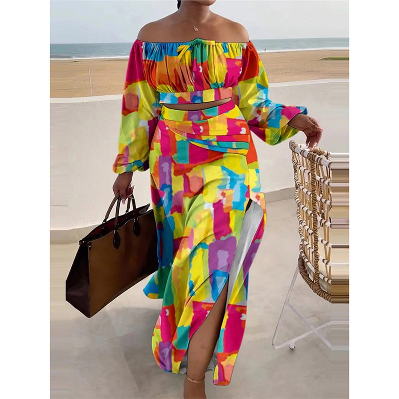 Off-Shoulder Slit Dress Set with Printed Top