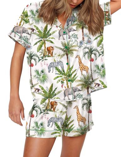 Women's Cuban Collar Animal Print Short Sleeve Shirt Set Casual Summer