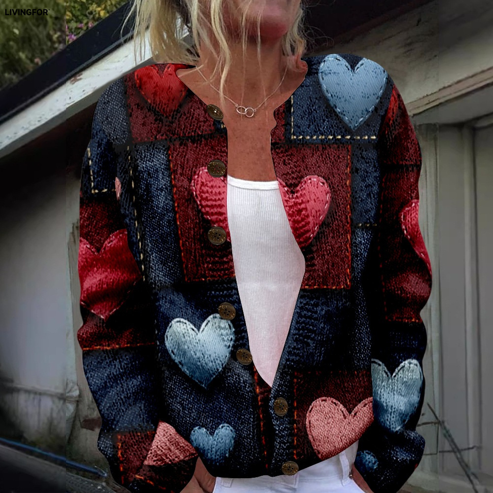 Women's Heart & Flower Print Button Cardigan Sweater