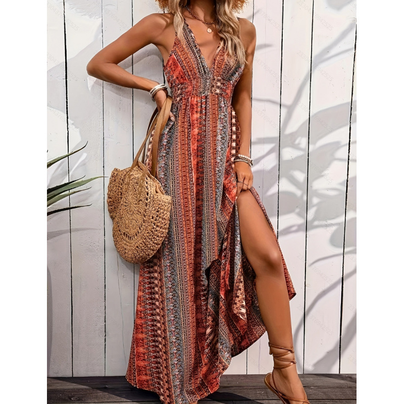 Bohemian Deep V-Neck Printed Cami Maxi Dress