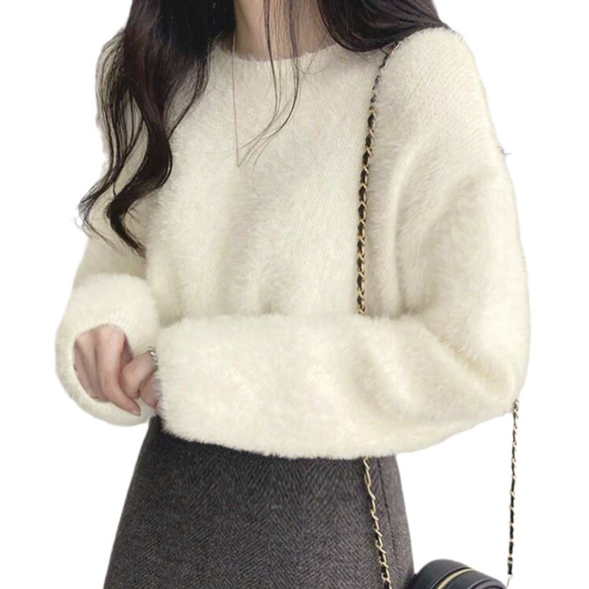 Faux Mink Velvet Crewneck Pullover Sweater Women's Long Sleeve Knit Top
