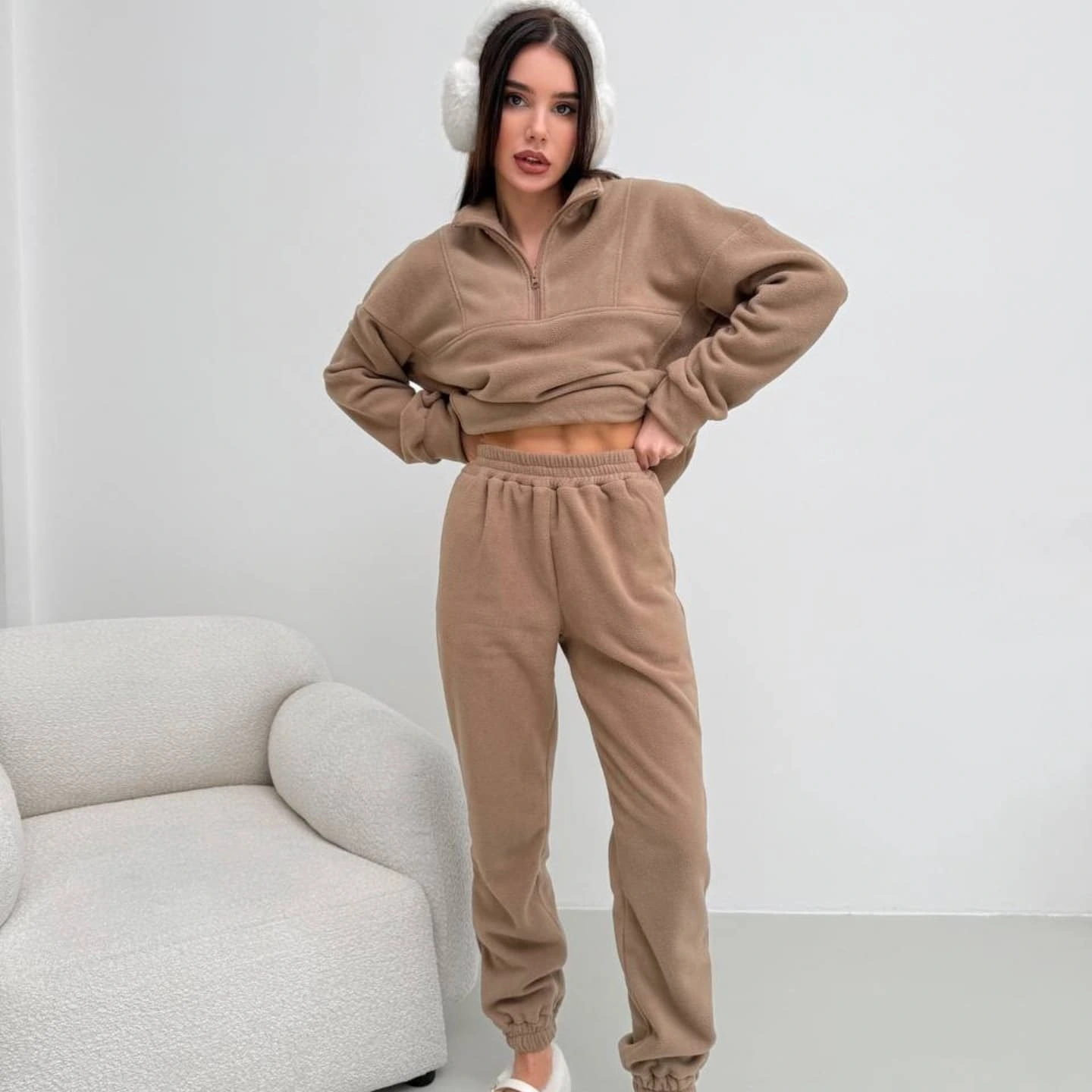 Women's Fleece Two-Piece Set Long Sleeve Zip Neck Pullover & Elastic Waist Pants