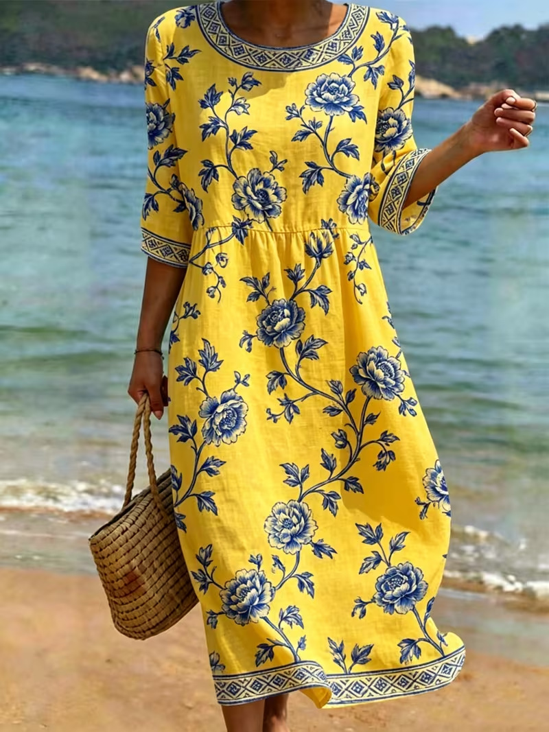 Women's Floral Print Midi Dress Crew Neck Half Sleeve Slim Fit Casual