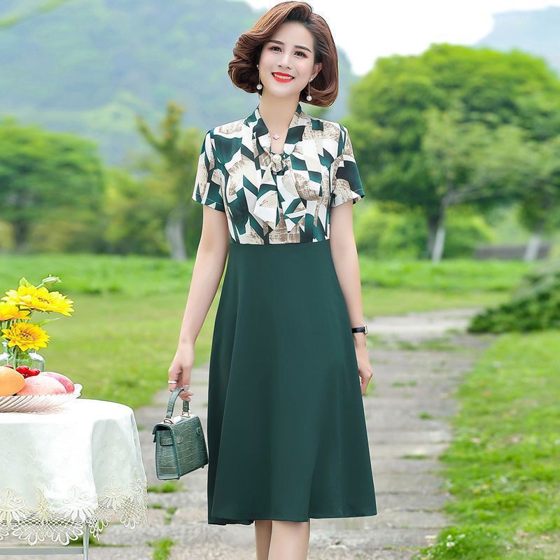 Women's Summer Short Sleeve Midi Dress Fake Two-Piece Waist-Cinching Slimming V-Neck A-Line