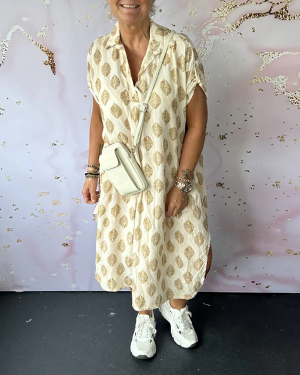 Women's Loose Fit Printed V-Neck Short Sleeve Midi Dress