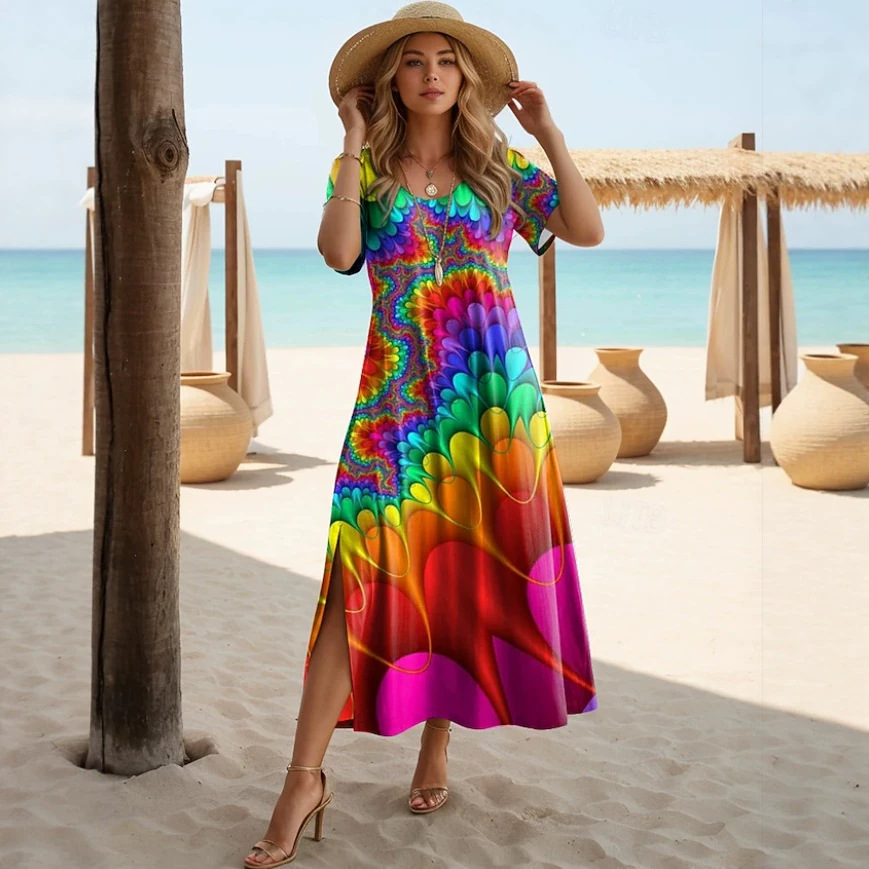 Women's Geometric Print Short Sleeve Midi Dress