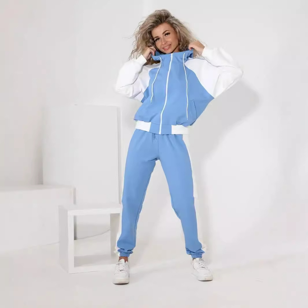 Women's Color-Block Zip Hoodie and Drawstring Pants Two-Piece Set