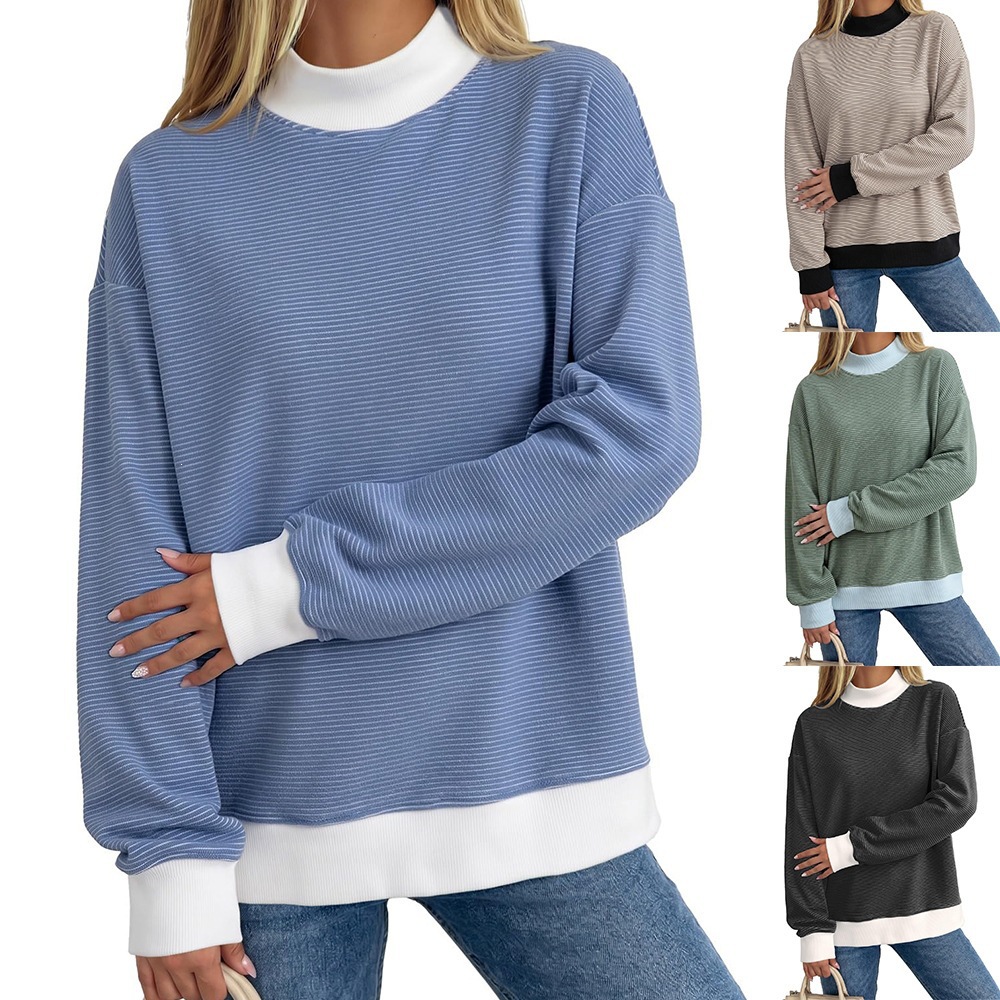 Women's Brushed Striped Colorblock Crewneck Knit Top Loose Fit Long Sleeve