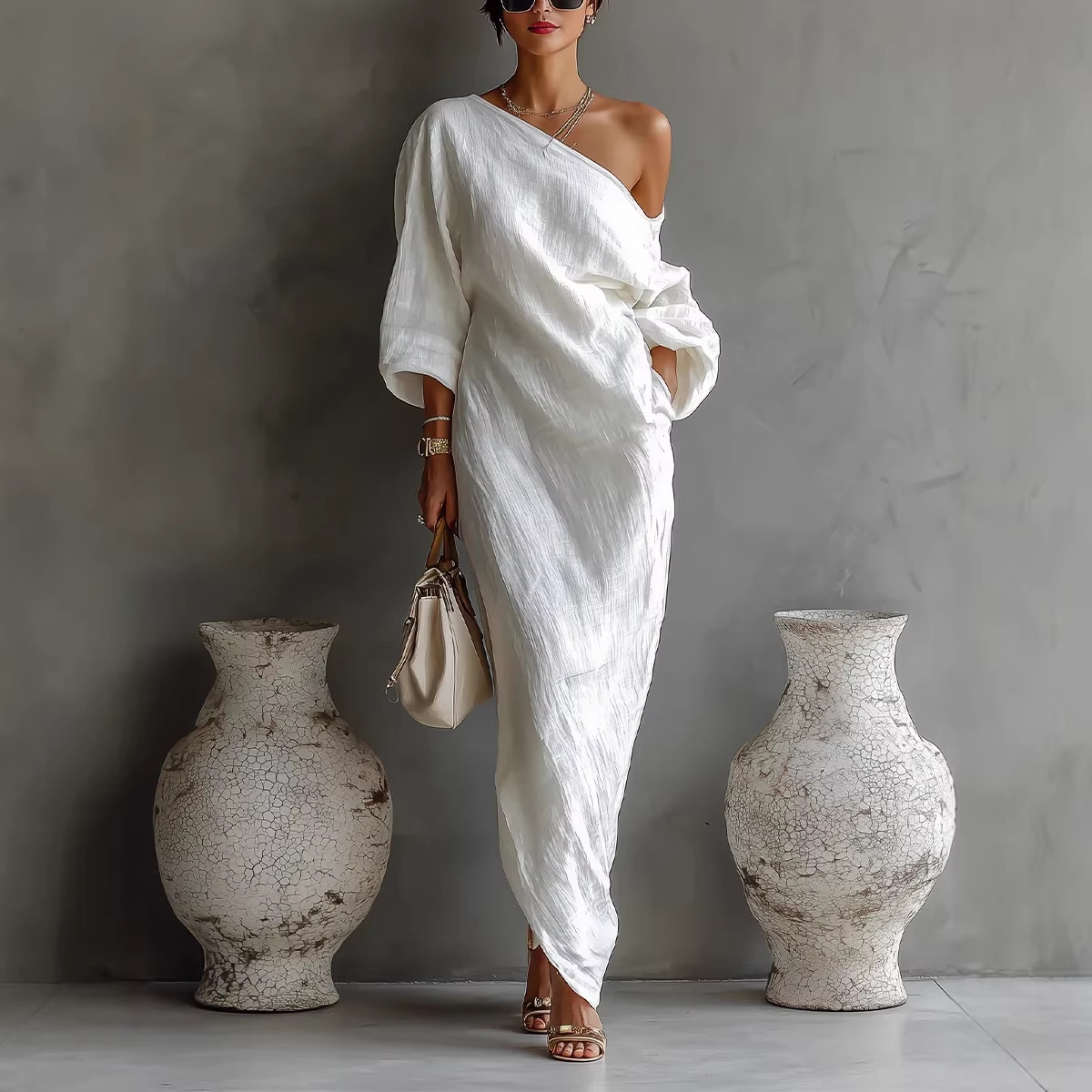 Women's Asymmetric One-Shoulder Long Dress with Pleated Detail