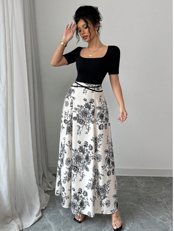 Women's Floral Print Short Sleeve Square Neck Tie Midi Dress