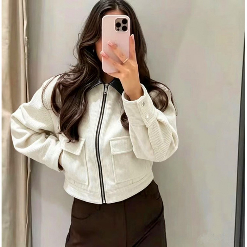 Corduroy Paneled Faux Leather Collar Jacket Women's Casual