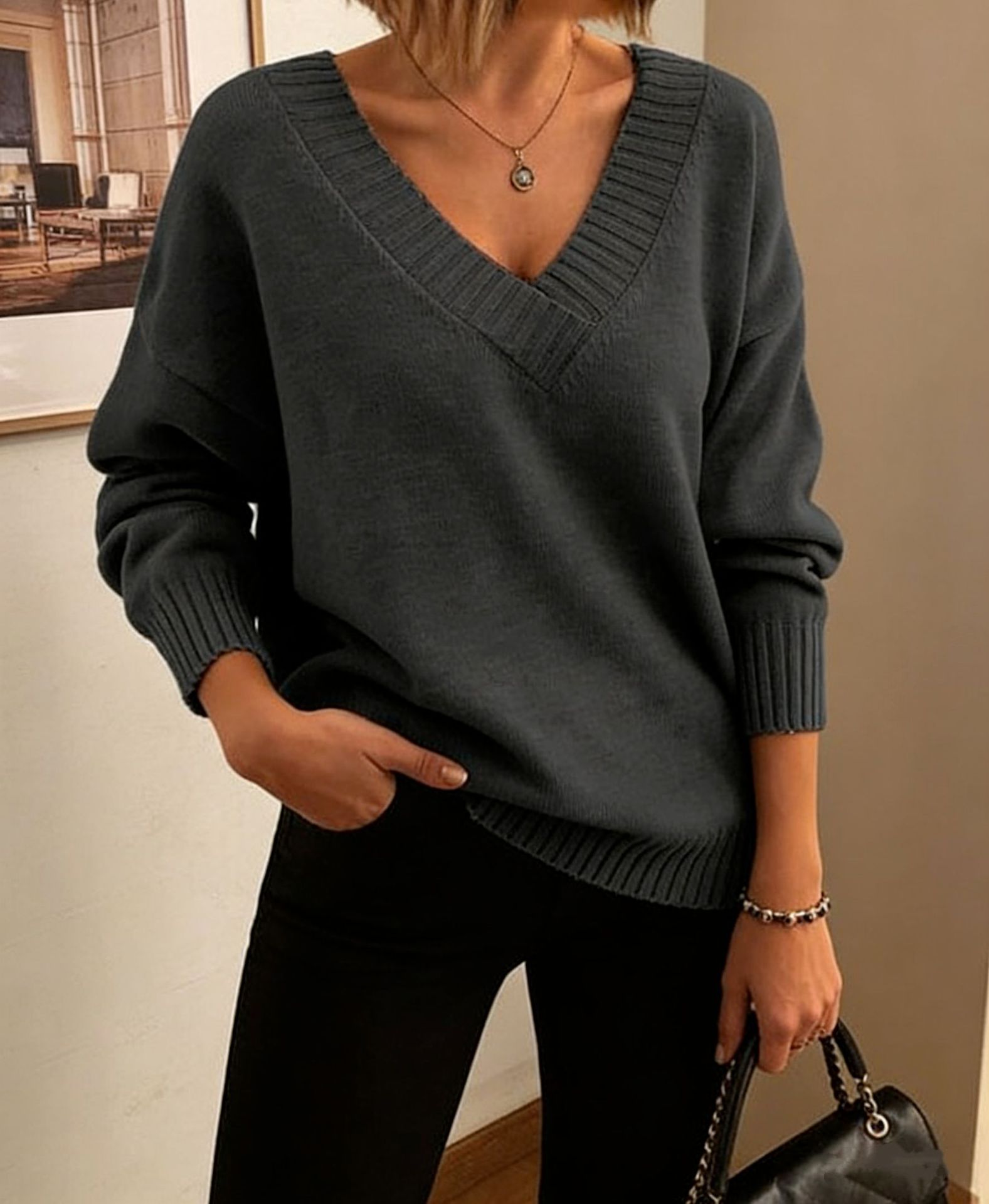 Women's Loose V-Neck Pullover Sweater Solid Color Knit Top