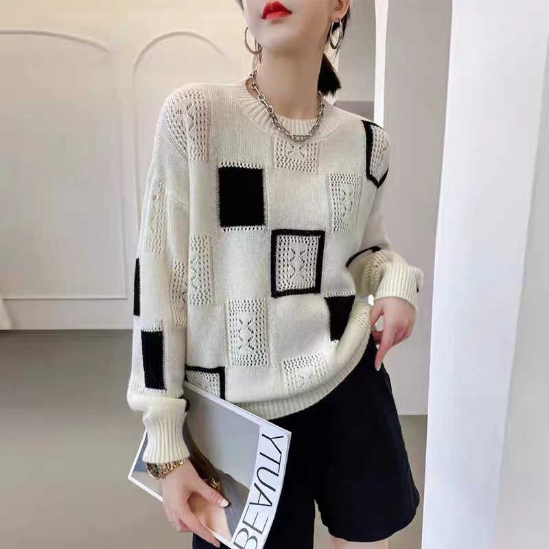 Color-Block Plaid Knit Sweater Women's Loose Retro Crewneck Pullover