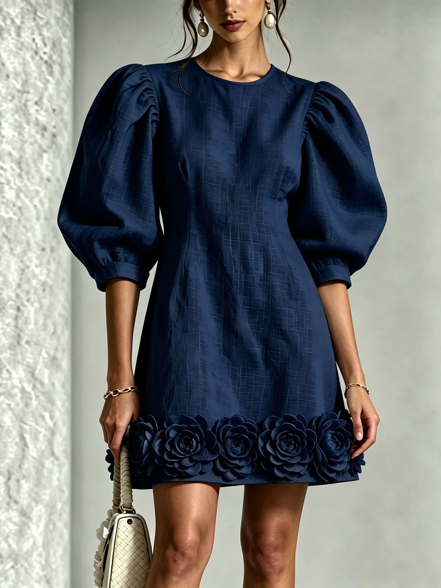 3D Floral French Puff Sleeve Midi Dress