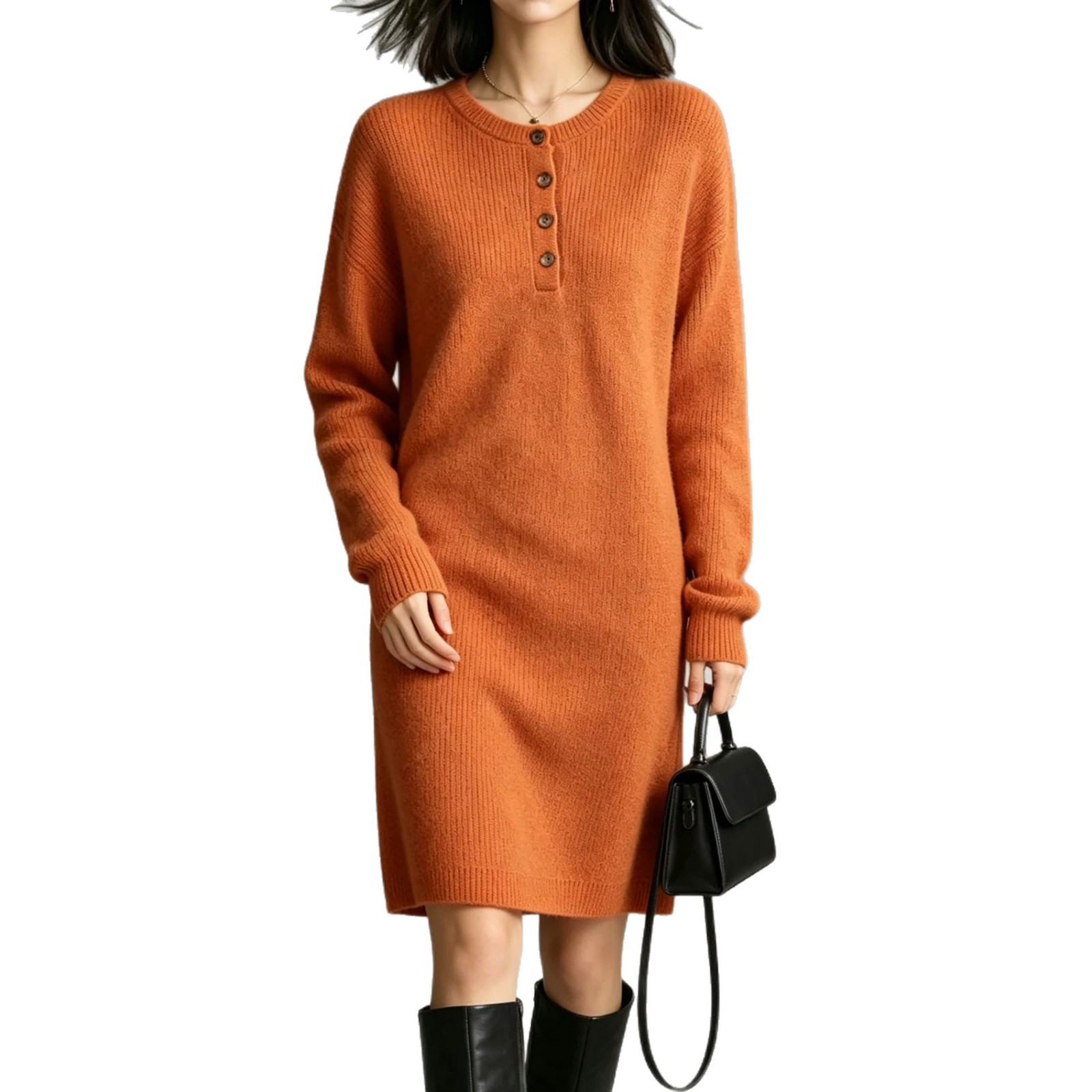 Women's Crewneck Solid Knit Midi Dress with Buttons