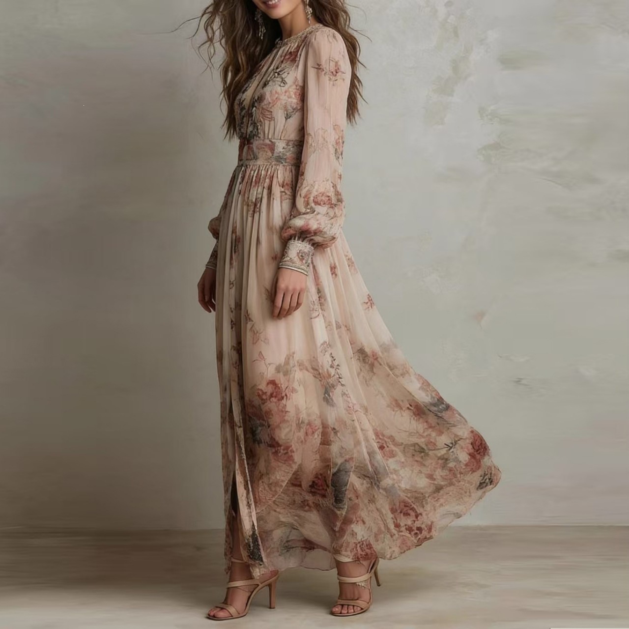 Artistic Retro Floral Print Cinched Waist Pleated Long Dress