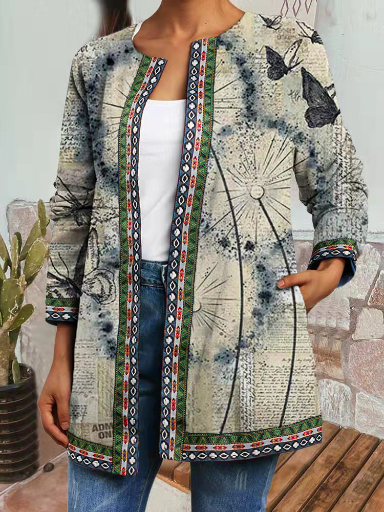 Vintage Ethnic Print Long Sleeve Open-Front Jacket Cardigan for Women