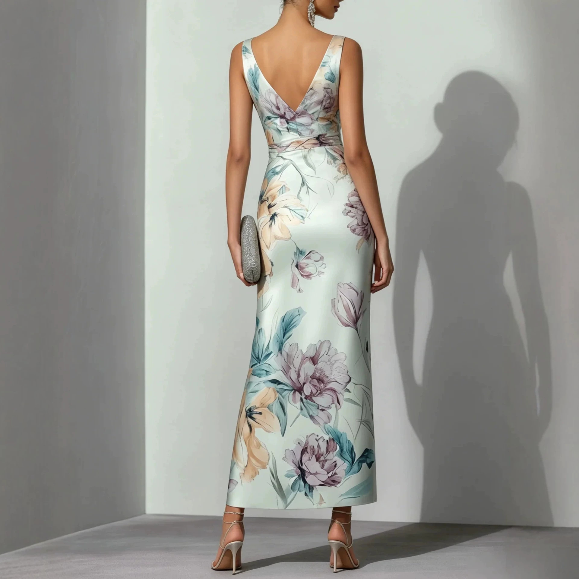 Slimming Floral Print V-Neck Midi Dress