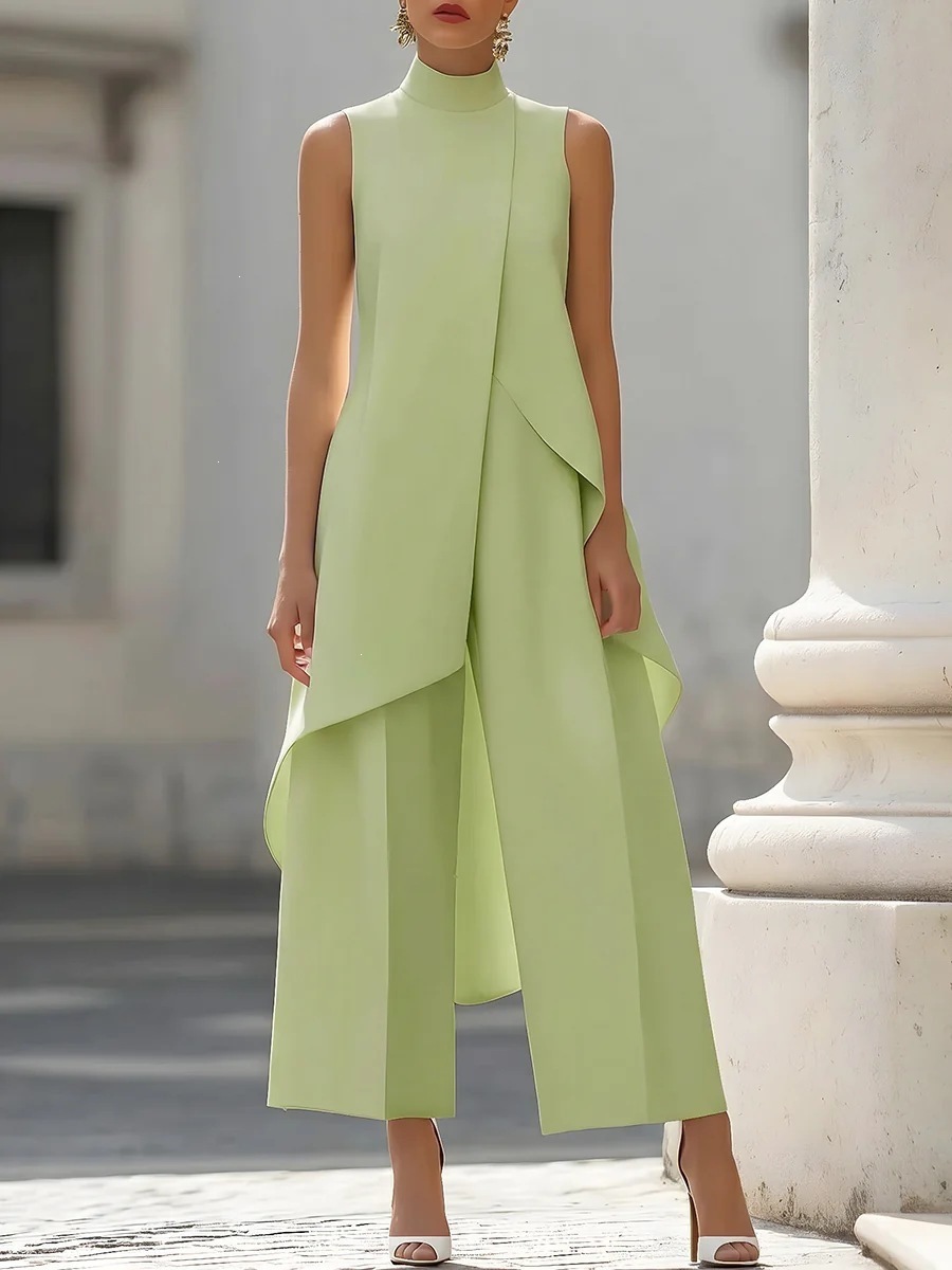 Women's High Neck Sleeveless Layered Wide Leg Jumpsuit Two-Piece Set