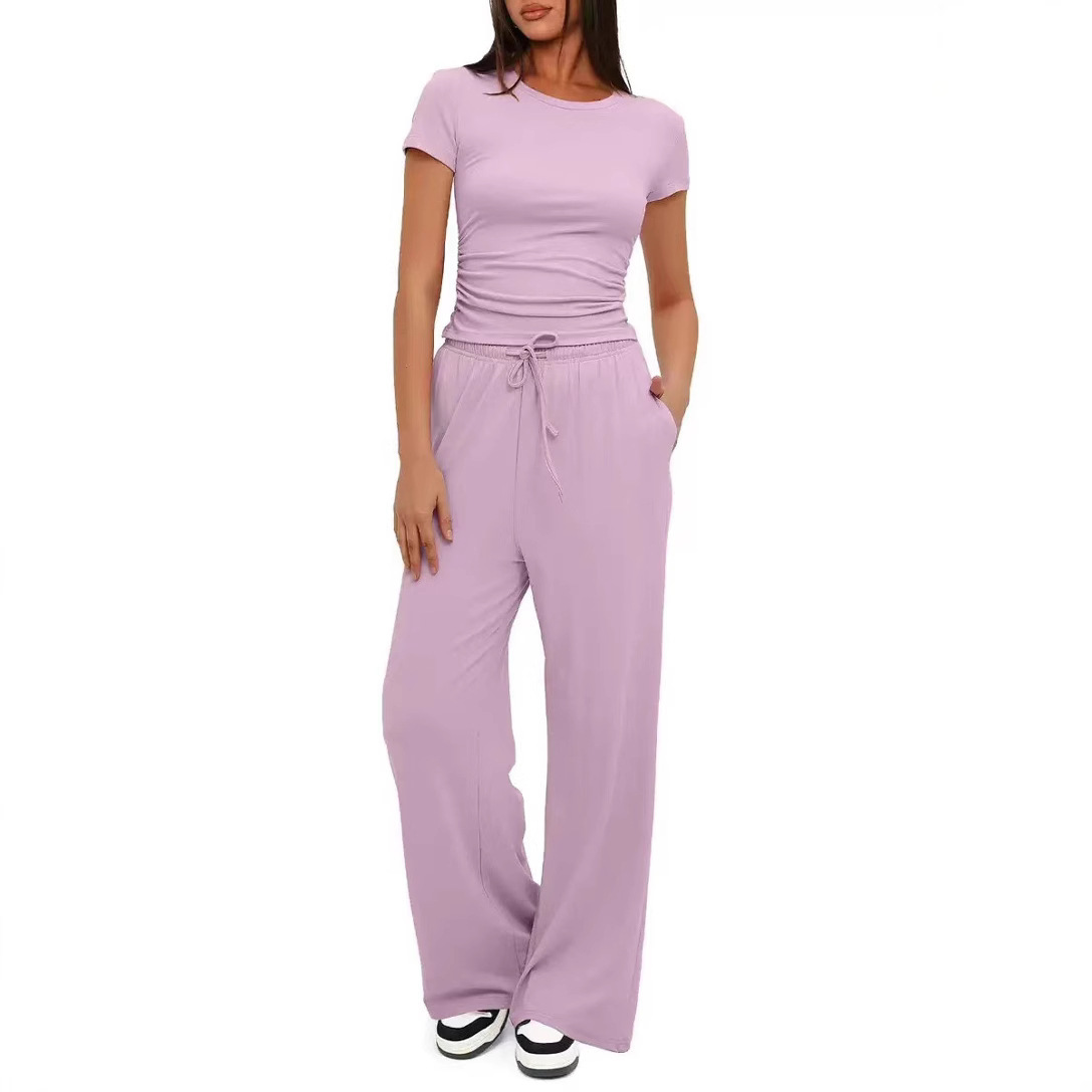 Women's Two-Piece Casual Set Ruched Short Sleeve Top Wide-Leg Pants