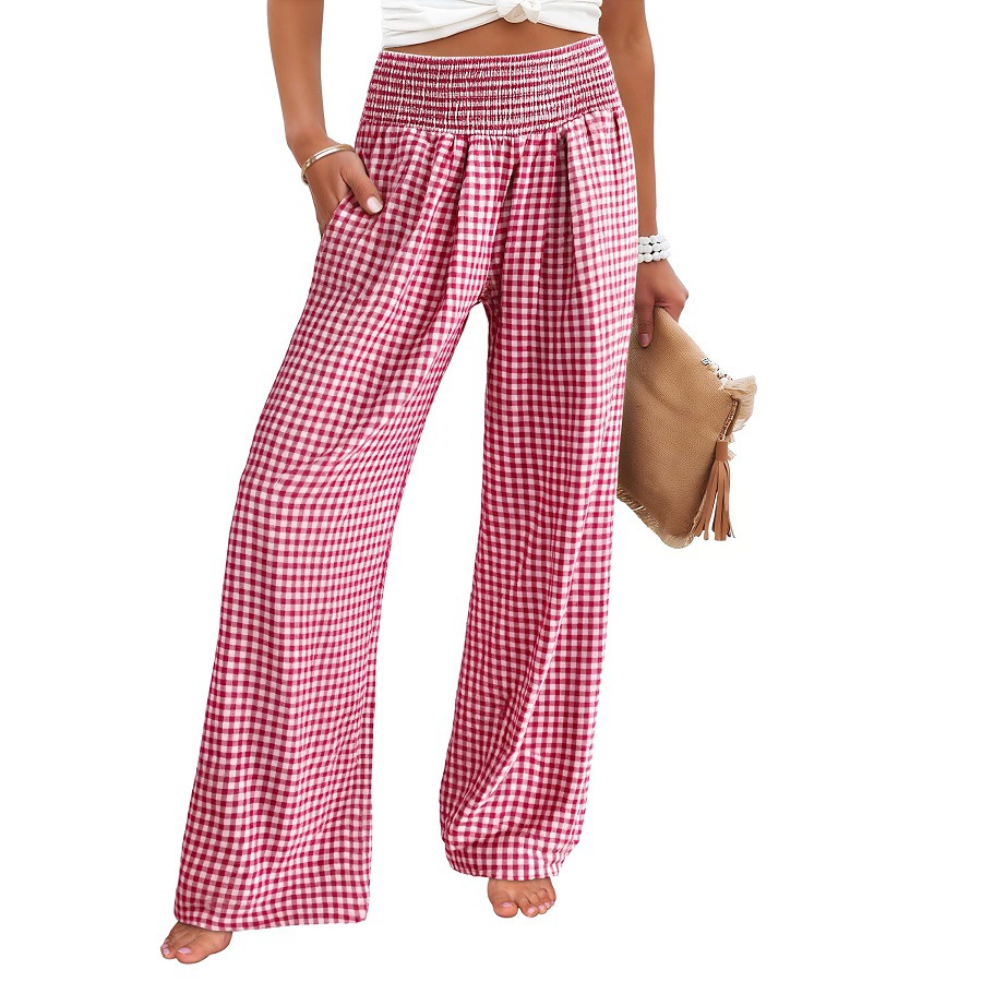 Plaid Wide-Leg High-Waist Pants with Pockets