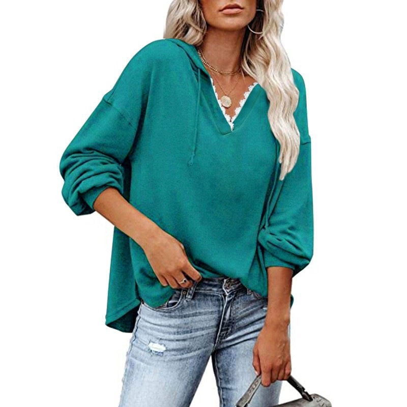 Women's Casual Hooded Lace V-Neck Long Sleeve Sweatshirt