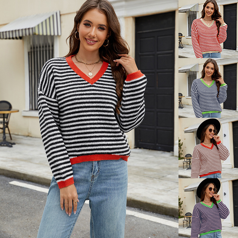 Striped V-Neck Pullover Sweater Colorblock Knit Top