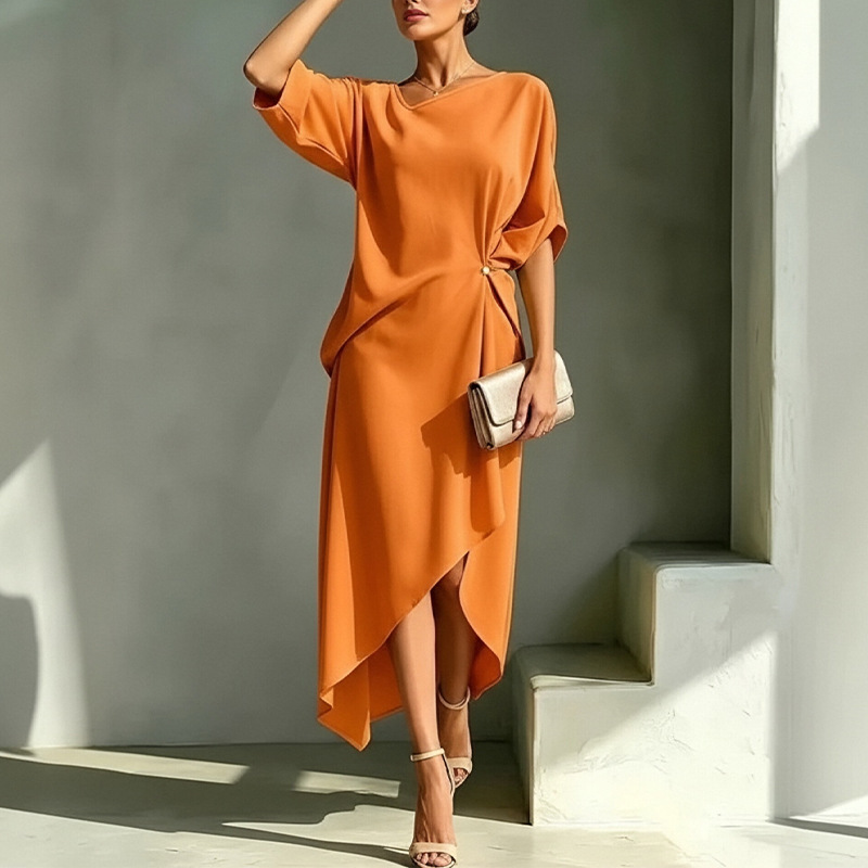 Women's Summer Long Dress French Minimalist Solid Color Elegant One-Shoulder