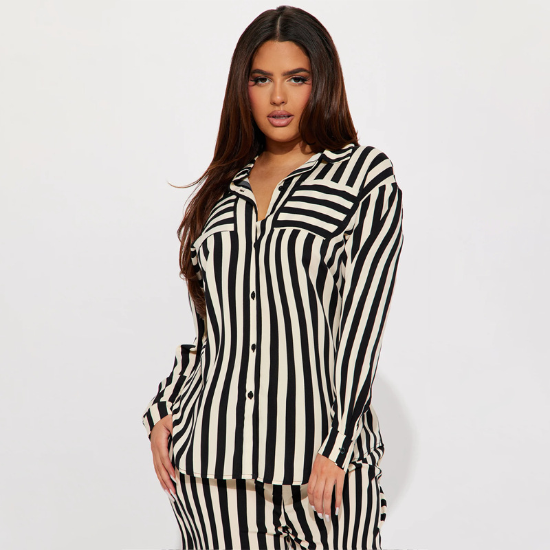 Women's Striped Button Shirt and Pants Set Casual Two-Piece Outfit