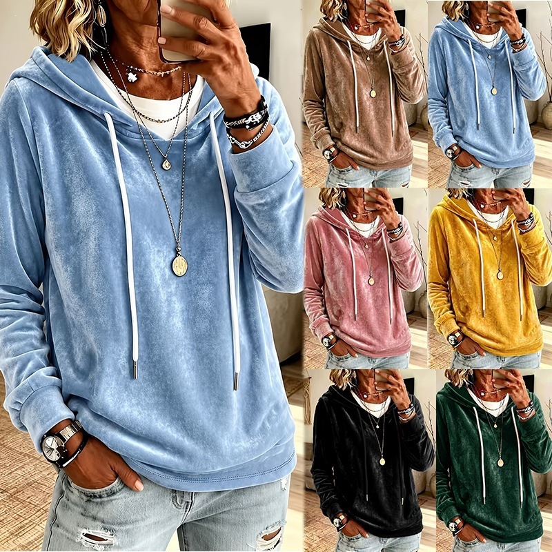 Women's Elegant Solid Velvet Hooded Long-Sleeve Top Sky Blue