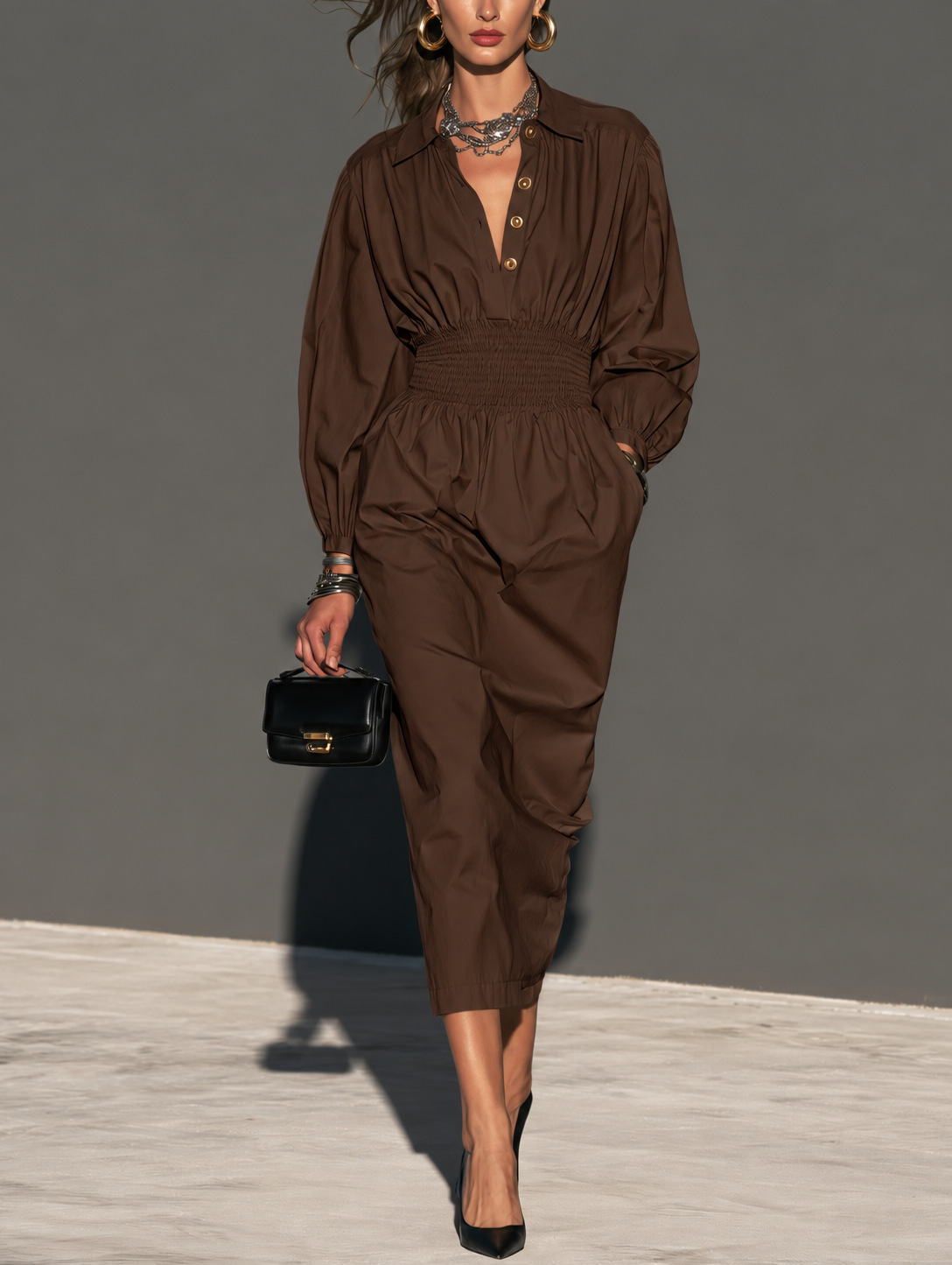 Collared Button Waist-Cinched A-Line Midi Dress