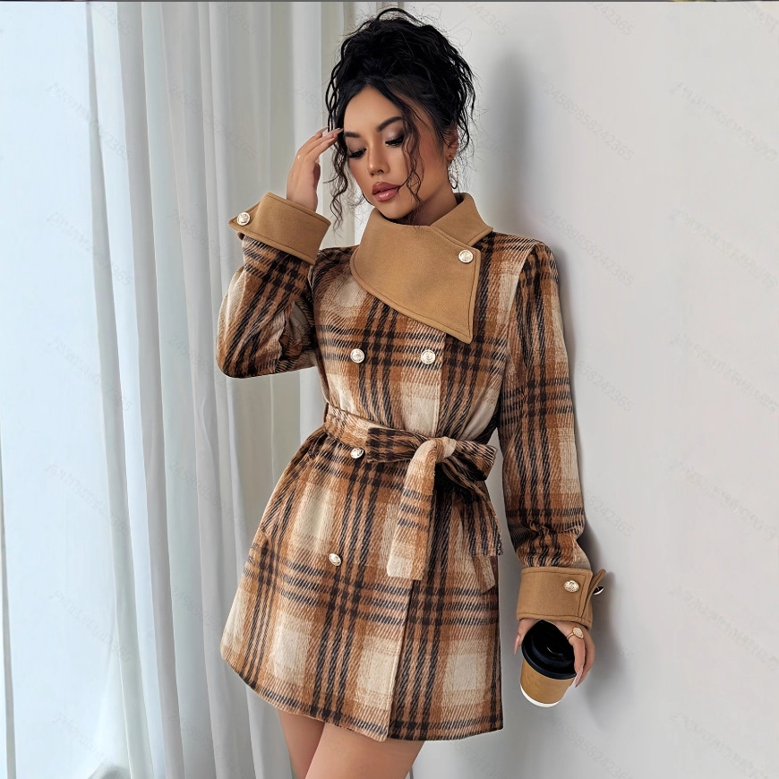 Women's Khaki Plaid Asymmetric Collar Double-Breasted Two-Pocket 2-in-1 Paneled Lapel Winter Coat