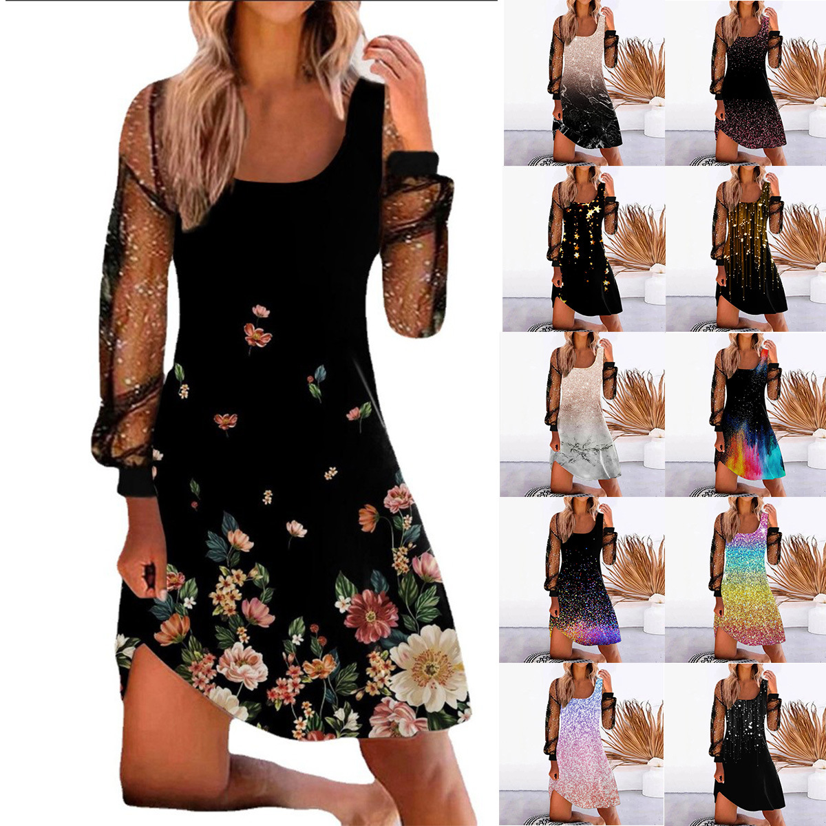 Women's Positioning Print Mesh Panel Dress
