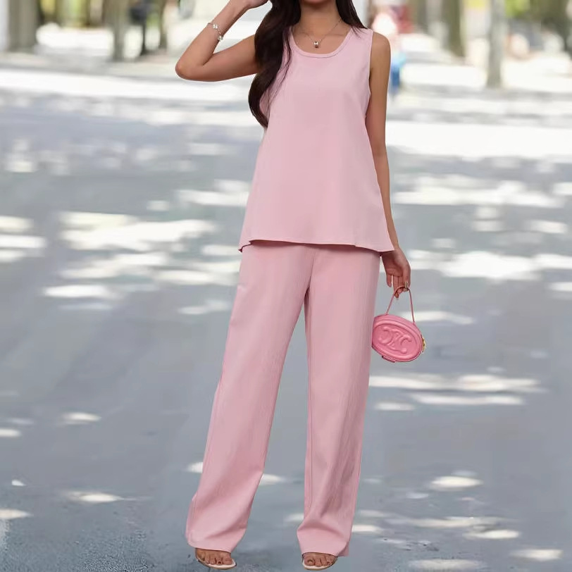Women's Solid Sleeveless Top and High-Waist Long Pants Two-Piece Set