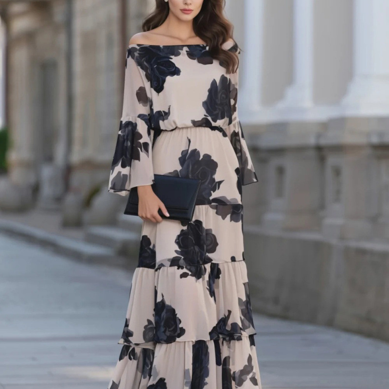 Women's Off-Shoulder Floral Print Patchwork Maxi Dress