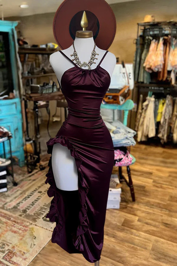 Women's Sleeveless Satin Bodycon Dress with High Slit and V-Neck