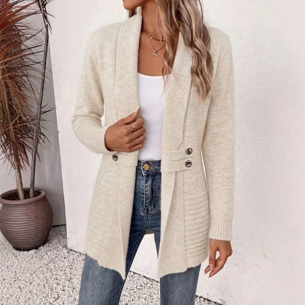 Women's Double-Breasted Knit Cardigan, Lazy Style, Versatile Mid-Length Sweater