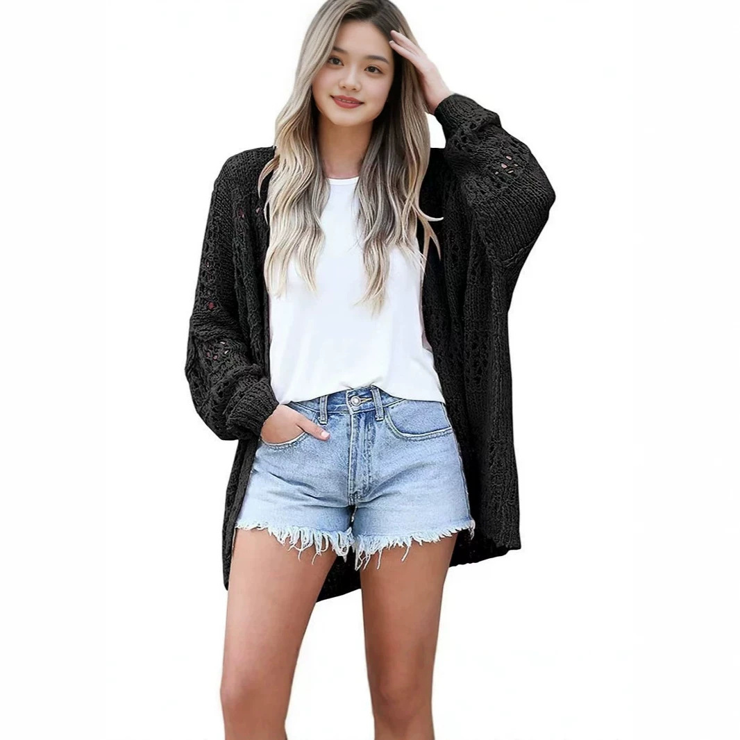 Women's Open Front Hollow Out Knit Cardigan Loose Solid Color