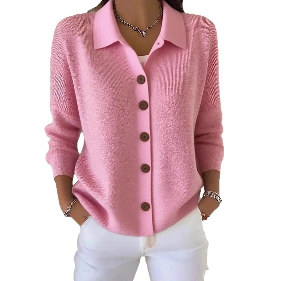 Button-Down Knit Cardigan with Collar Solid Color Casual Women's