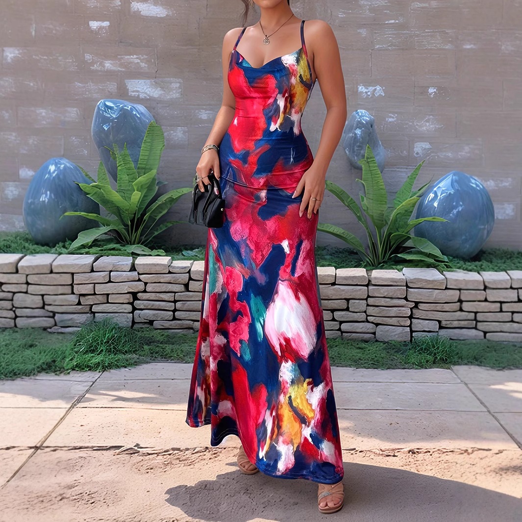 Watercolor Oil Painting Print V-Neck Bodycon Maxi Dress with Spaghetti Straps