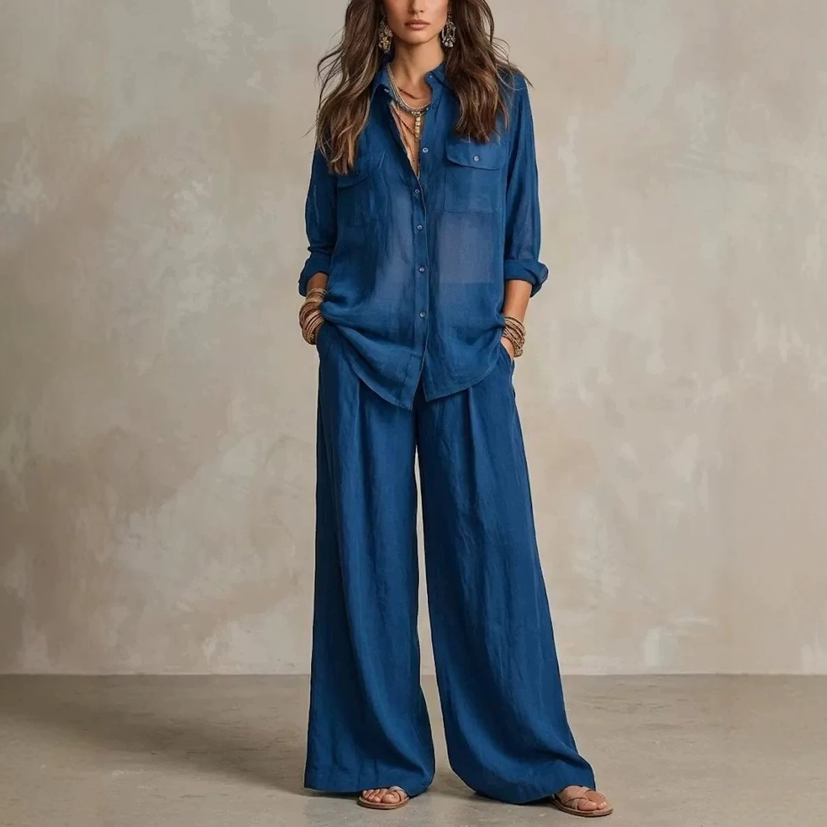 Women's Lightweight Long Sleeve Shirt and Wide-Leg Pants Set