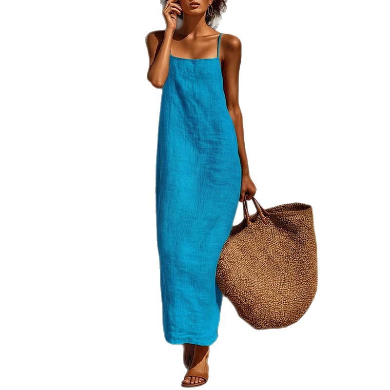 Women's Summer Sleeveless A-Line Maxi Dress Solid Color French Style