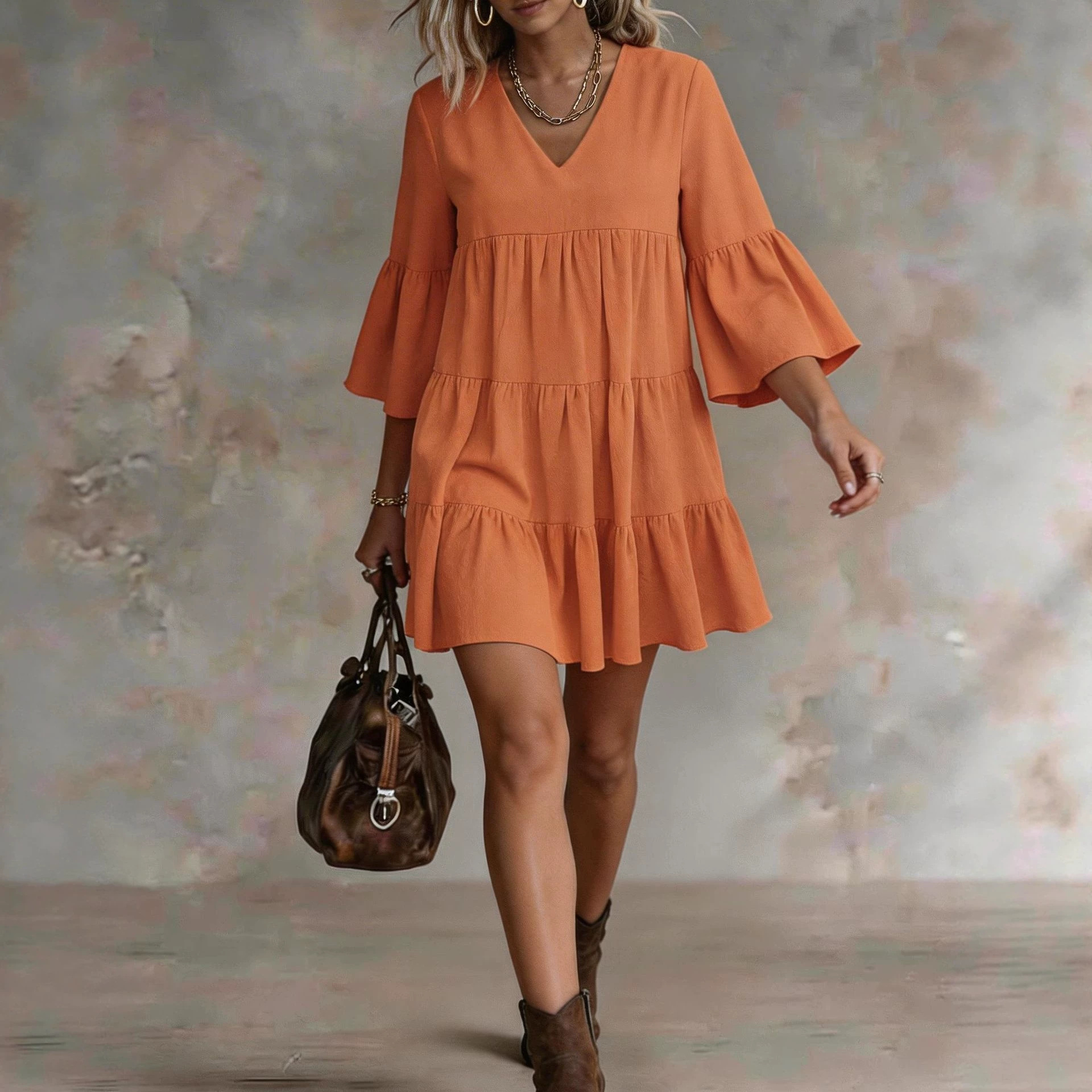 Solid V-Neck Seven-Sleeve Loose Casual Short Dress