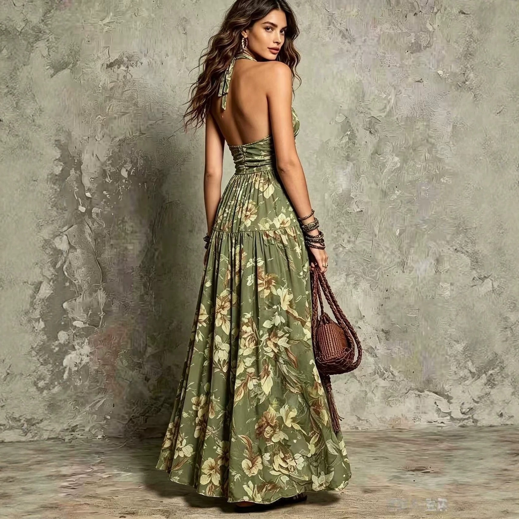 Women's Halter V-Neck Floral Print Open-Back Long Dress