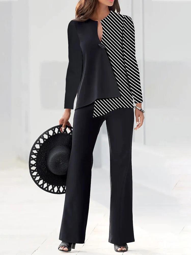 Women's Color-Block Long-Sleeve Shirt & Pants Set Casual Loose Fit