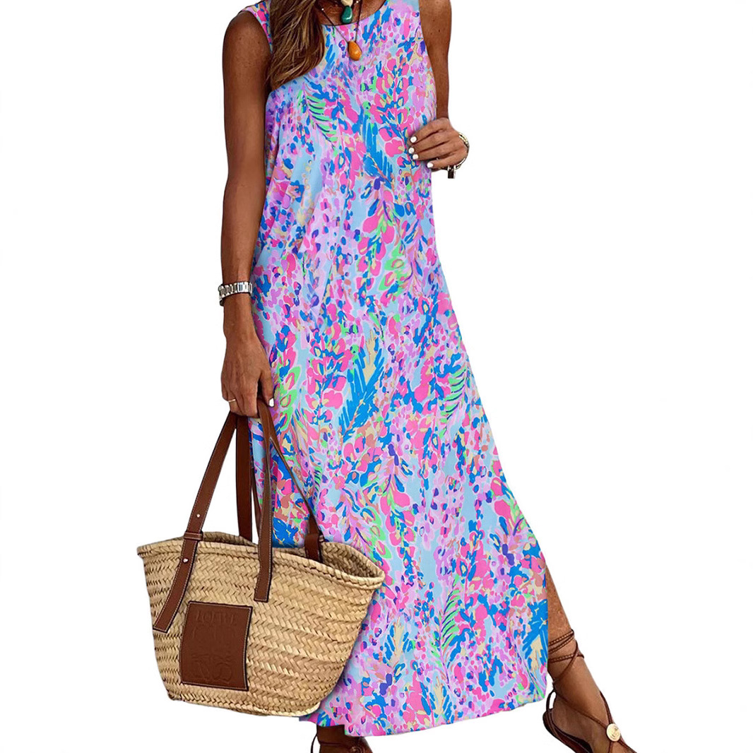 Floral Print Split Hem Midi Dress Round Neck Pullover Slim Fit