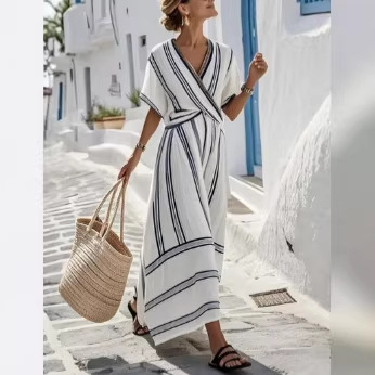 Striped V-Neck Ruched Sleeve A-Line Midi Dress